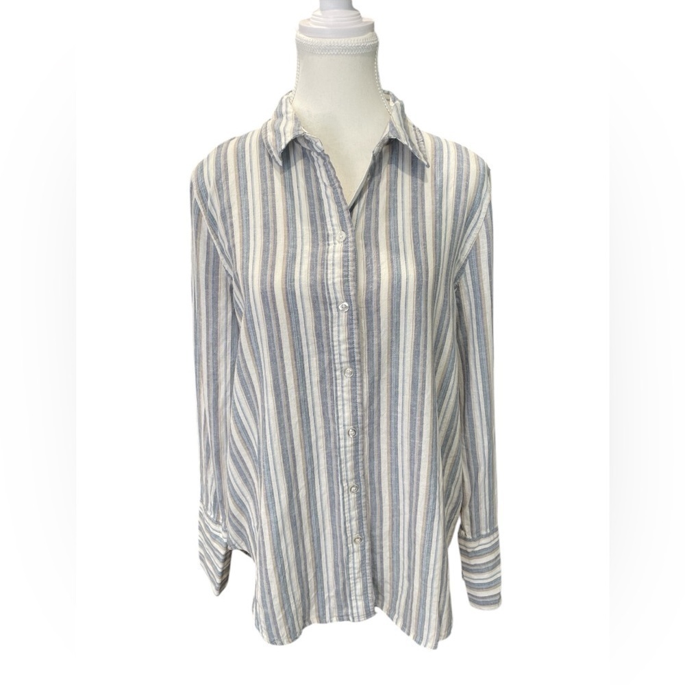 Ellen Tracey Linen Blend Striped Button-Up Women's Top Cream Tan Blue Small
